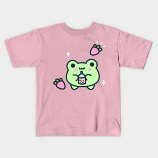 Frog drinking strawberry boba Kids T-Shirt